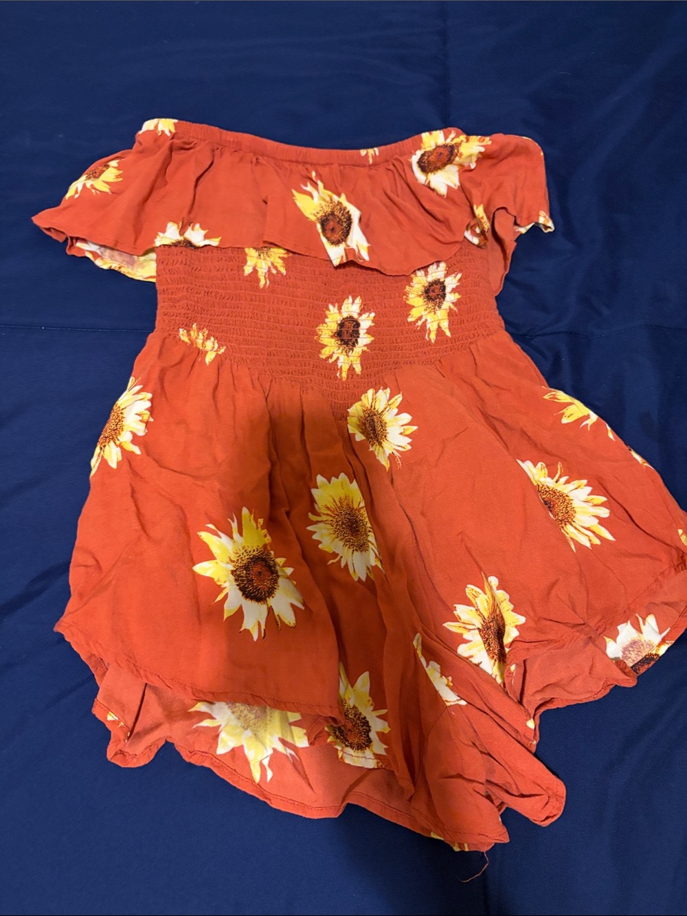 Derek Heart Rust Orange Sunflower Off-Shoulder Romper